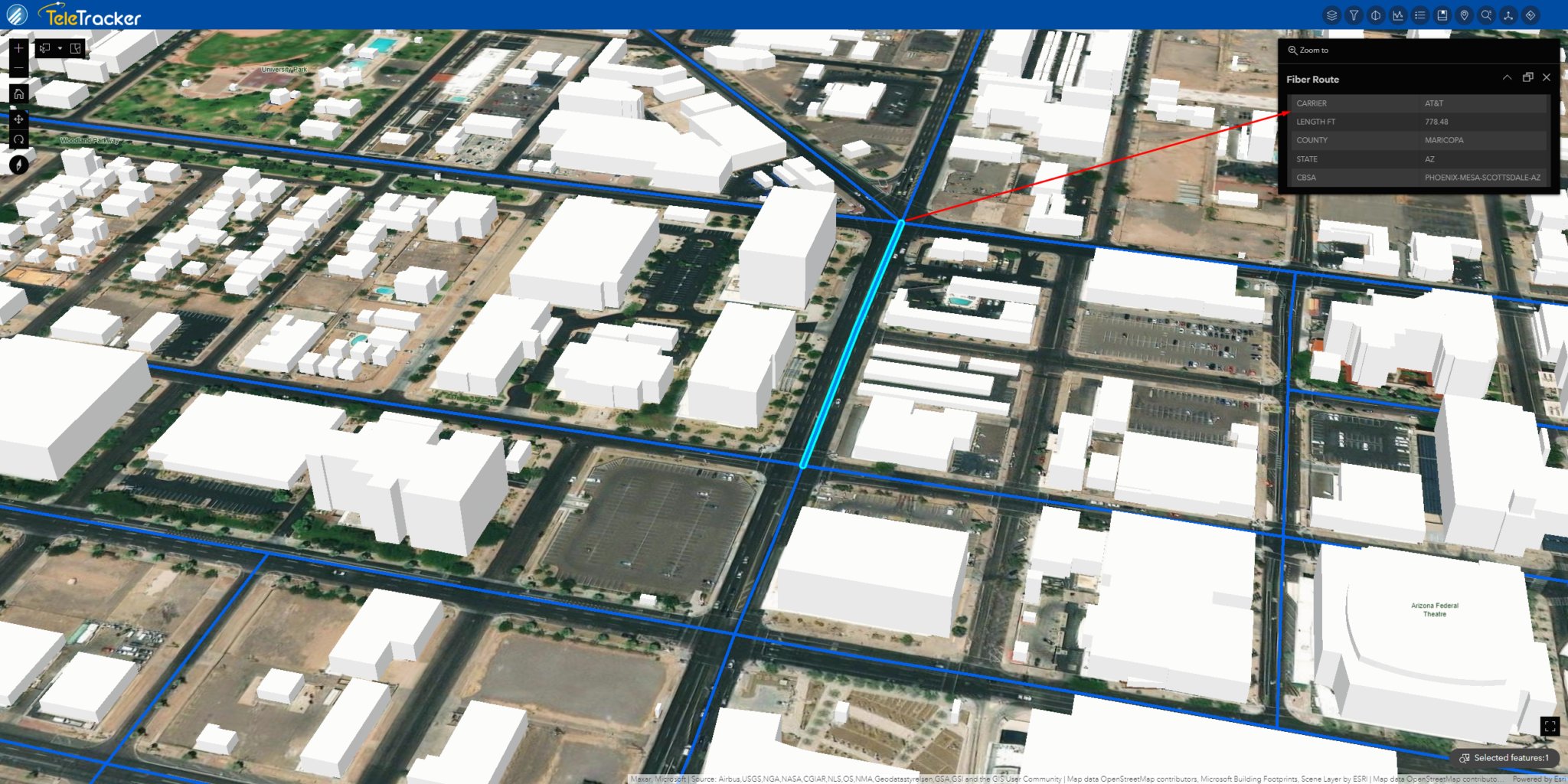 CFRS GeoTel has become an instrumental data partner and consultant in the academic world by supporting case studies based on telecom infrastructure for state, federal, and university projects. The image displays a fiber map from GeoTel's TeleTracker used within a university project.
