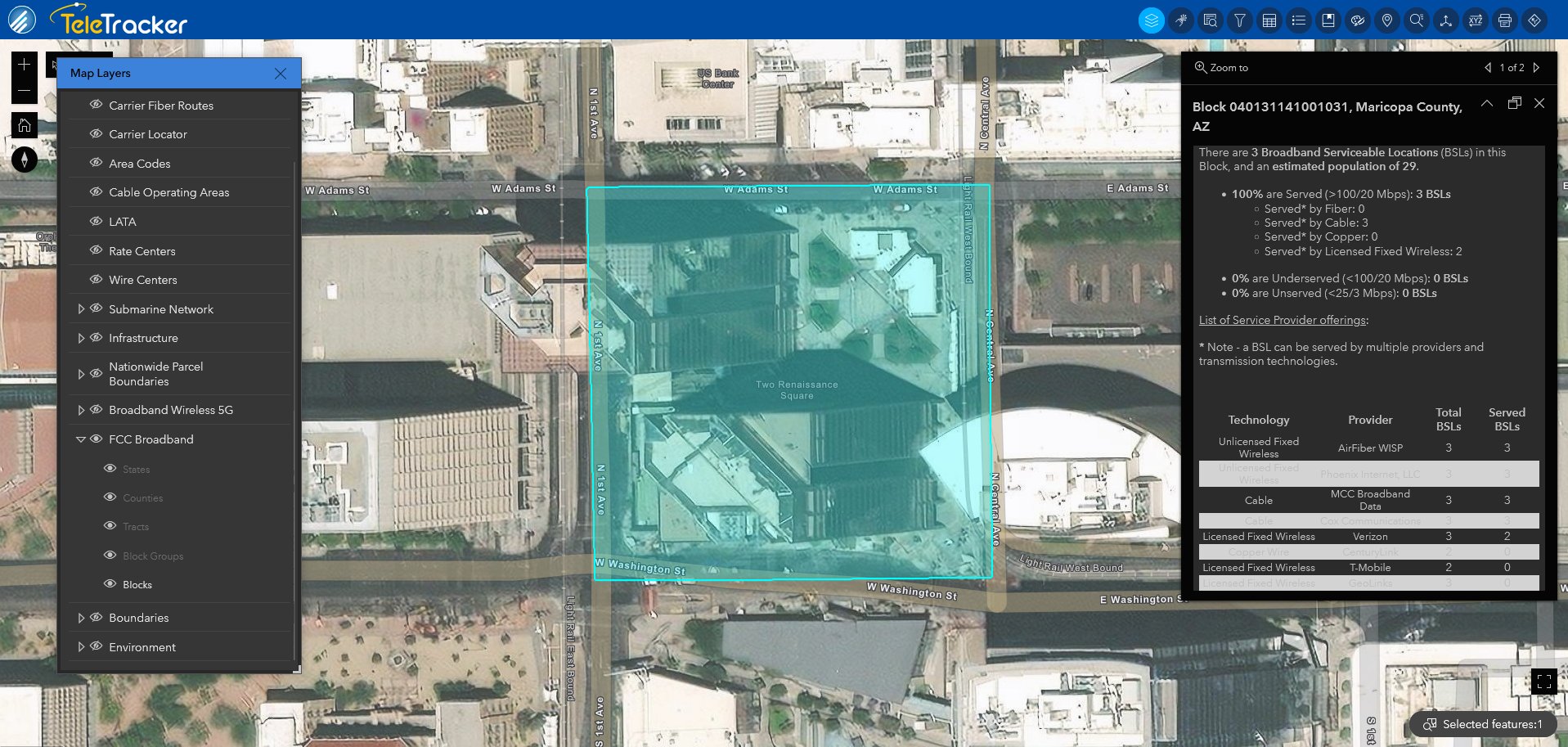 TeleTracker uses high-contrast polygons against satellite imagery on the Imagery Hybrid base map to show a block of broadband terrestrial in Arizona.