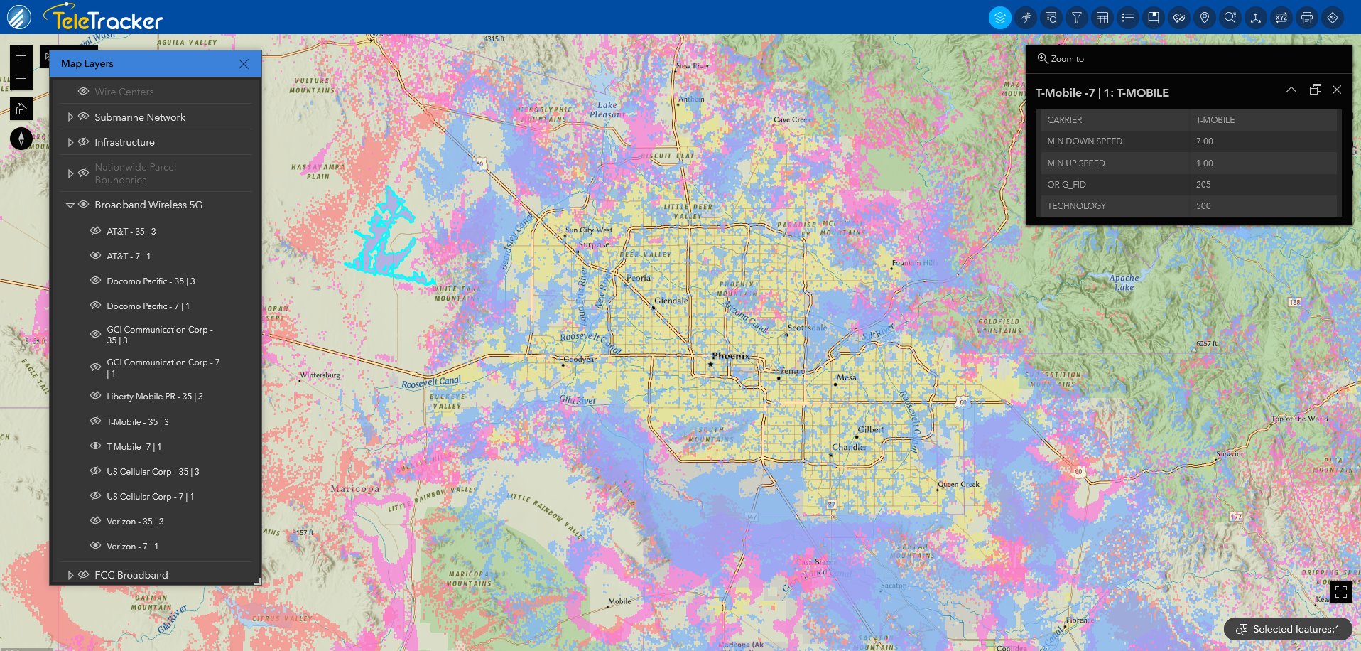 Broadband Wireless areas in Phoenix, AZ are displayed on the National Geographic base map within GeoTel's TeleTracker.