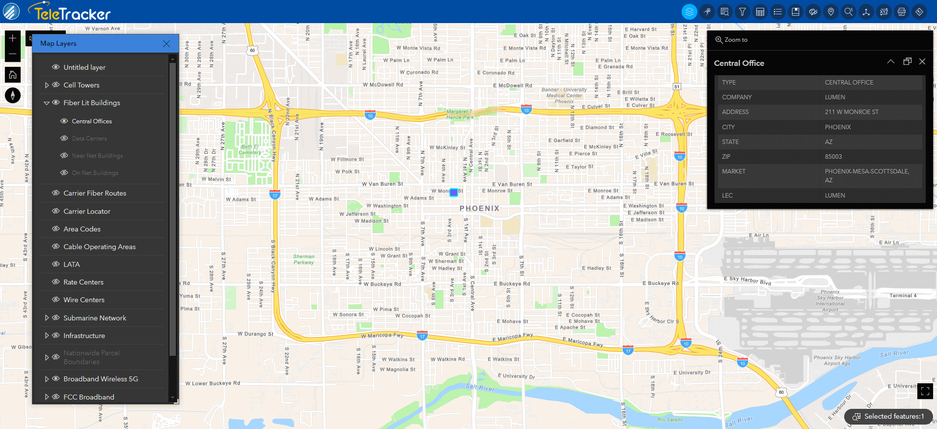 GeoTel's TeleTracker displays a central office located in Phoenix, Arizona on its Navigation base map. This map is similar to those used in mobile GPS systems.