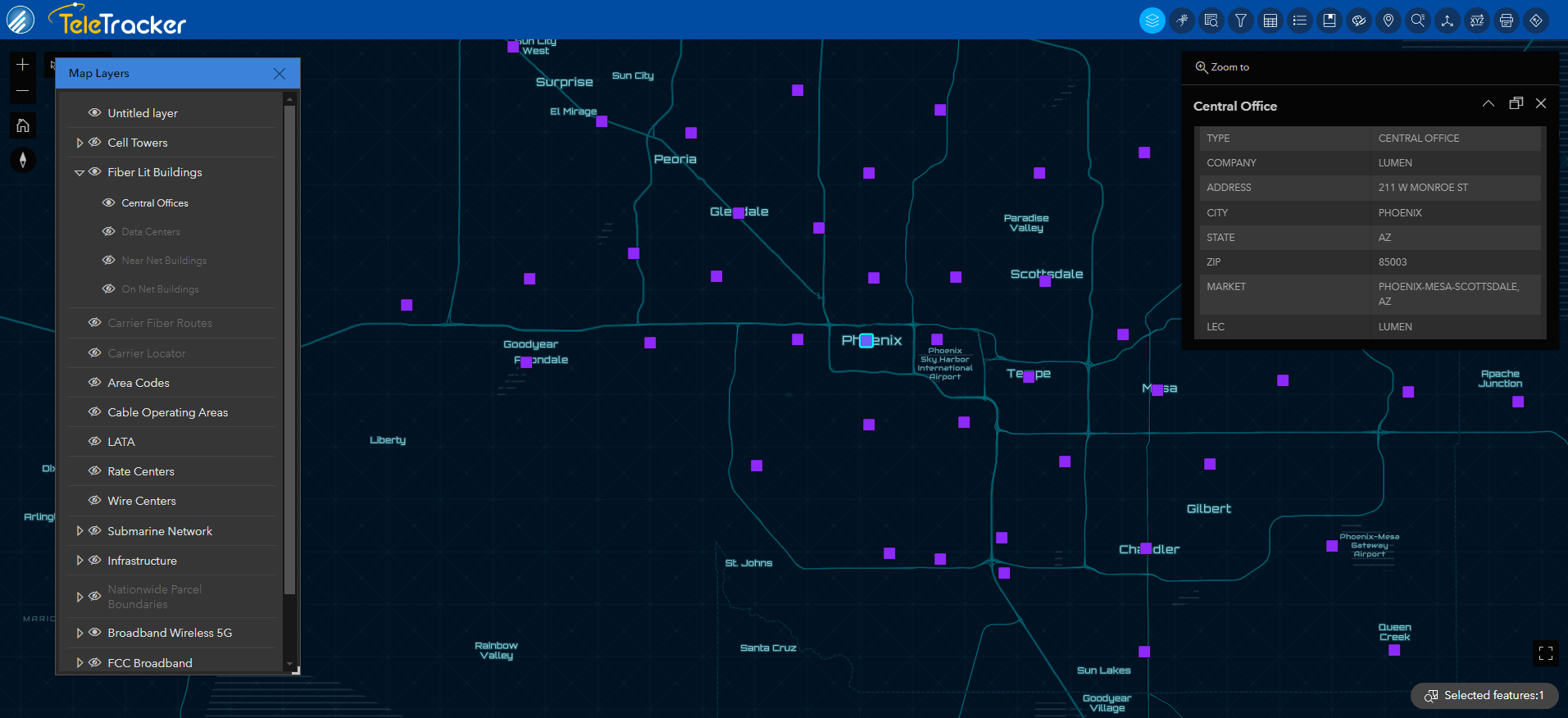 Central Offices_Phoenix_Nova base_CROPPED Central Offices are displayed on TeleTracker's Nova base map.