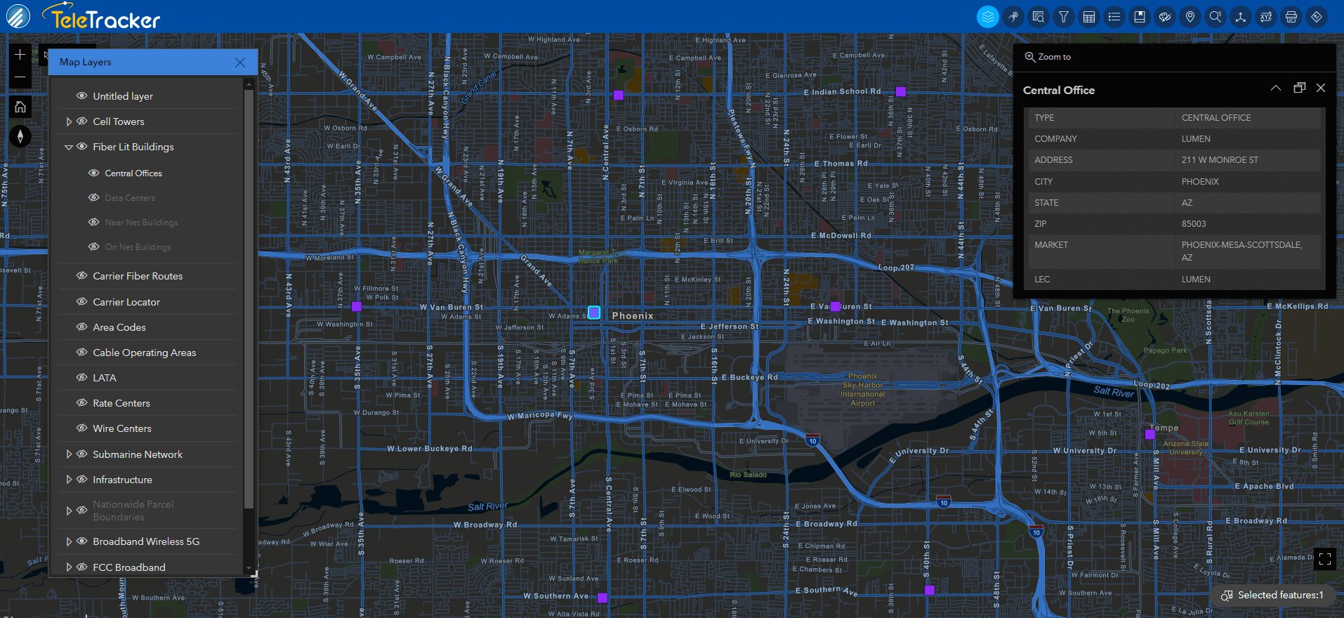 Central offices are displayed across central Phoenix, AZ on TeleTracker's Streets Night base map. This is one example of GeoTel's fiber maps offered with high-contrast markers. Central offices are displayed across central Phoenix, AZ on TeleTracker's Streets Night base map. This is one example of GeoTel's fiber maps offered with high-contrast markers.