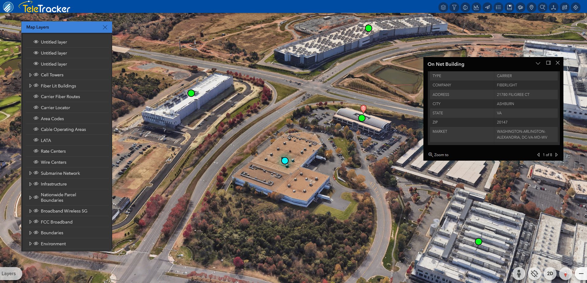 FLB example sattelite_PS_7 glow copy An example of fiber-lit building data is viewed in TeleTracker. Thanks to GeoTel's unique spatial database, addresses directly linked to our Fiber Lit Building database can be tracked and targeted, providing a new approach to online advertising.