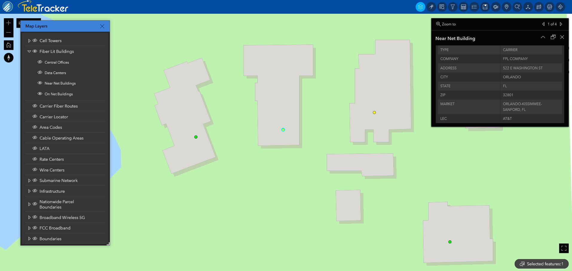 GeoTel's TeleTracker's Navigation base map reflects mapping that's similar to most mobile GPS applications. This image shows fiber-lit buildings located in Orlando, Florida.
