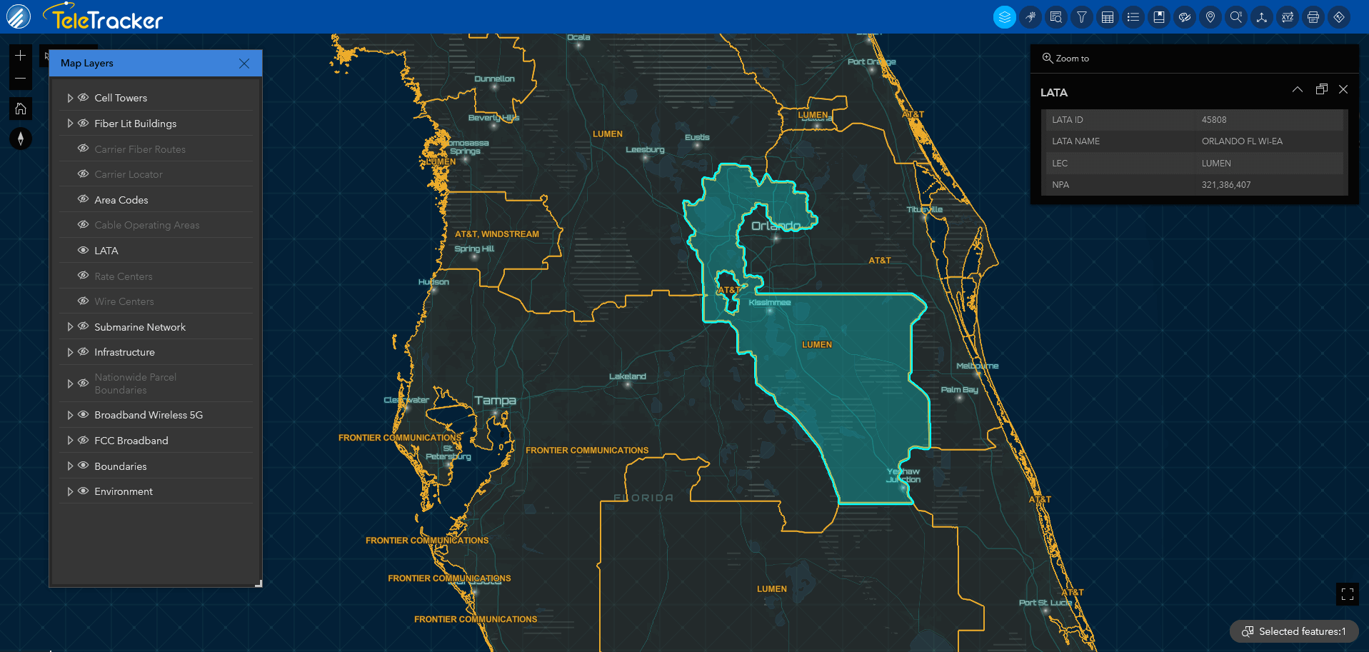 TeleTracker's Nova base map uses high-contrast polygons to denote LATA boundary in Orlando, Florida.