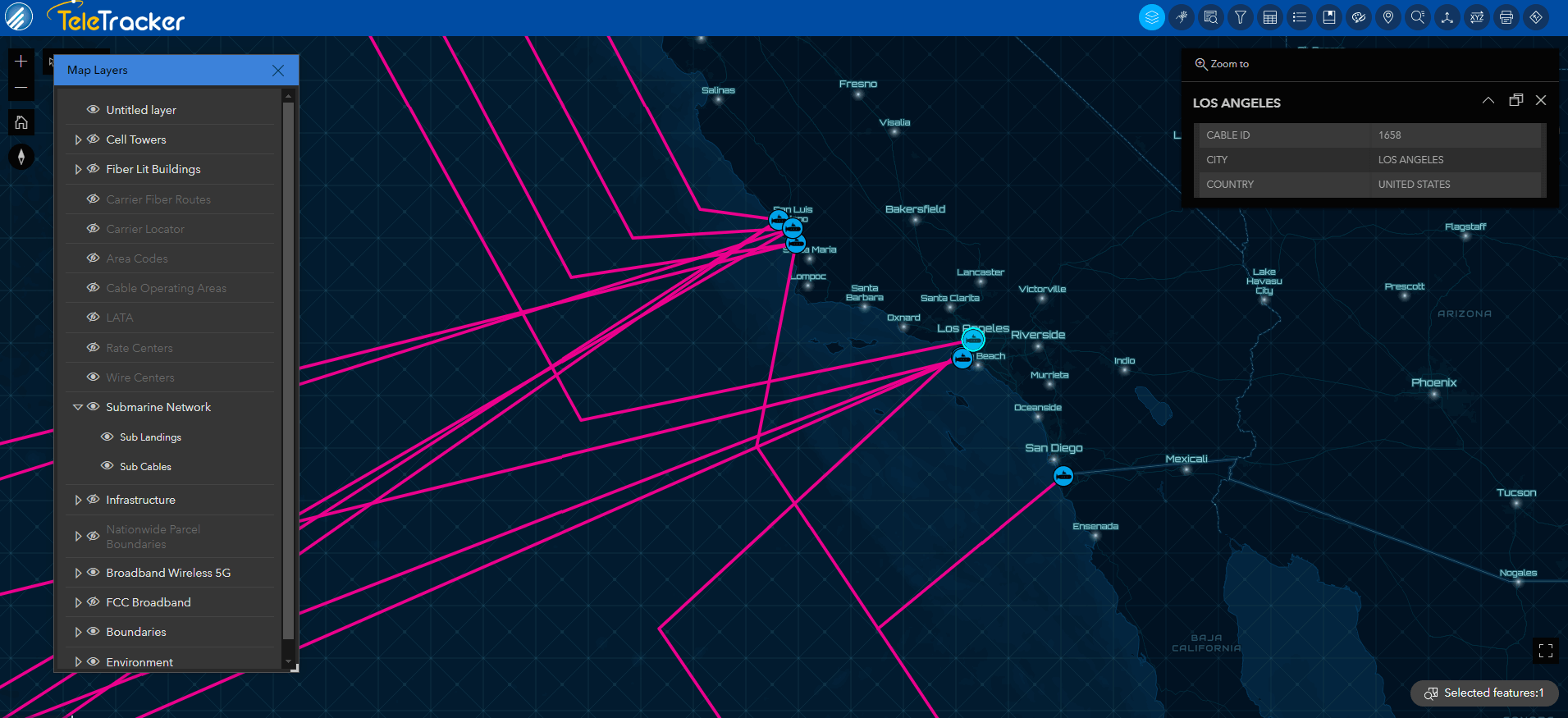 GeoTel's TeleTracker displays submarine cables and landings in Southern California on the Nova base map, which uses high-contrast lines and markers.