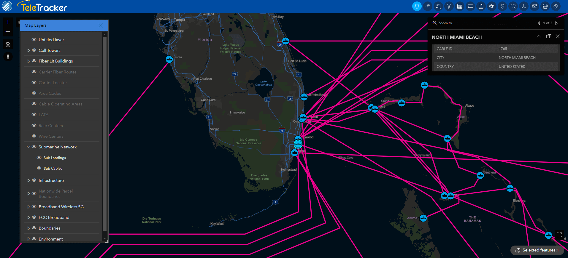 Submarine Cables_Miami_Streets Night base_CROPPED Submarine cables and landings off of South Florida's coast are displayed on TeleTracker's high-contrast Streets Night base map.